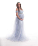 2023 New Elegant Lace Stitching Mesh Maternity Dress. Cute, flowing, maternity dress for summer events.