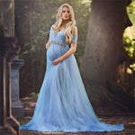 2023 New Elegant Lace Stitching Mesh Maternity Dress. Cute, flowing, maternity dress for summer events.