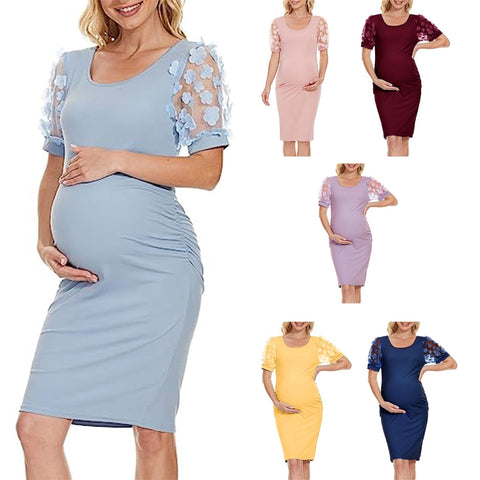 2023 New Maternity Dress with see-through, flower sleeves. Casual.