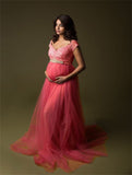 2023 New Elegant Lace Stitching Mesh Maternity Dress. Cute, flowing, maternity dress for summer events.