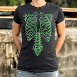 Black Tshirt with green upper torso skeleton. Who needs x-rays when you put it out there this way? . Professionally printed silkscreen. Ships within 2 business days. Designed and printed in the USA. Fast and Free Shipping in the continental USA!